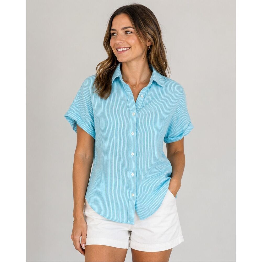 Lauren Ralph Lauren 100% Linen Blue White Stripe Button Shirt Women’s SP